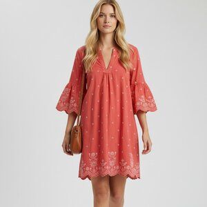 GAP Scalloped Nautical Resortwear Shift Embroidered Cotton Eyelet Dress XL Coral